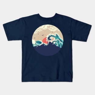 Big sea waves and island at sunset Kids T-Shirt